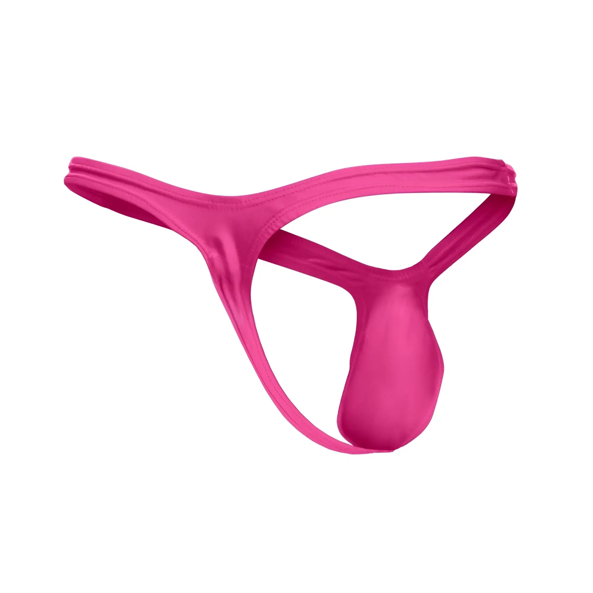 Vibrant pink satin bulge thong by JUSTIN+SIMON with a smooth glossy finish and minimalistic design