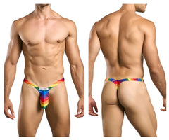 Justin simon xsjbu02 bulge thong with rainbow stripe pattern and calvin klein logo in stretchy fabric color pride flag