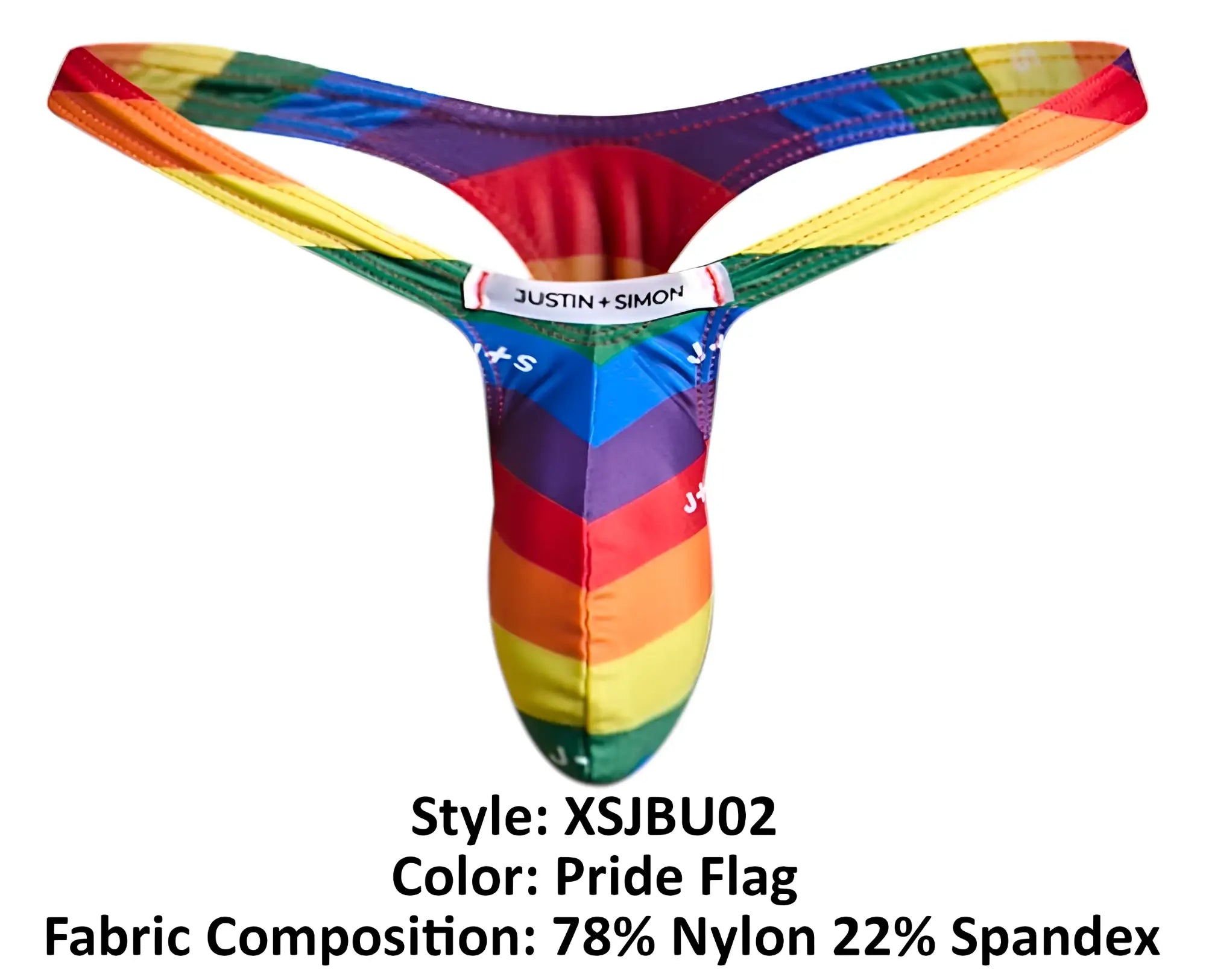 Rainbow-striped men’s thong in pride flag colors made of 78 nylon and 22 spandex fabric by Justin Simon