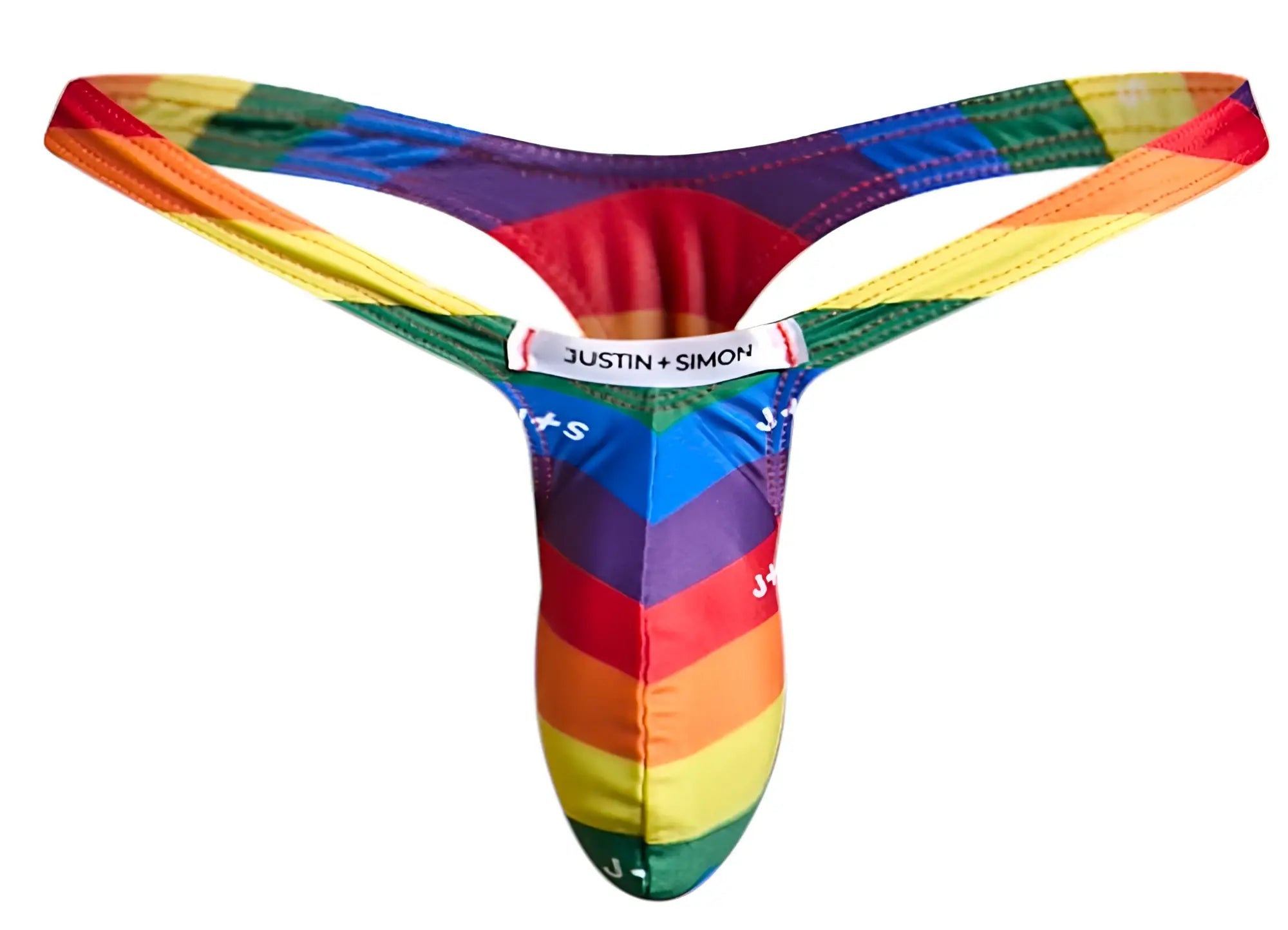 Rainbow-striped mens bulge thong by justin + simon in pride flag colors designed for comfortable wear