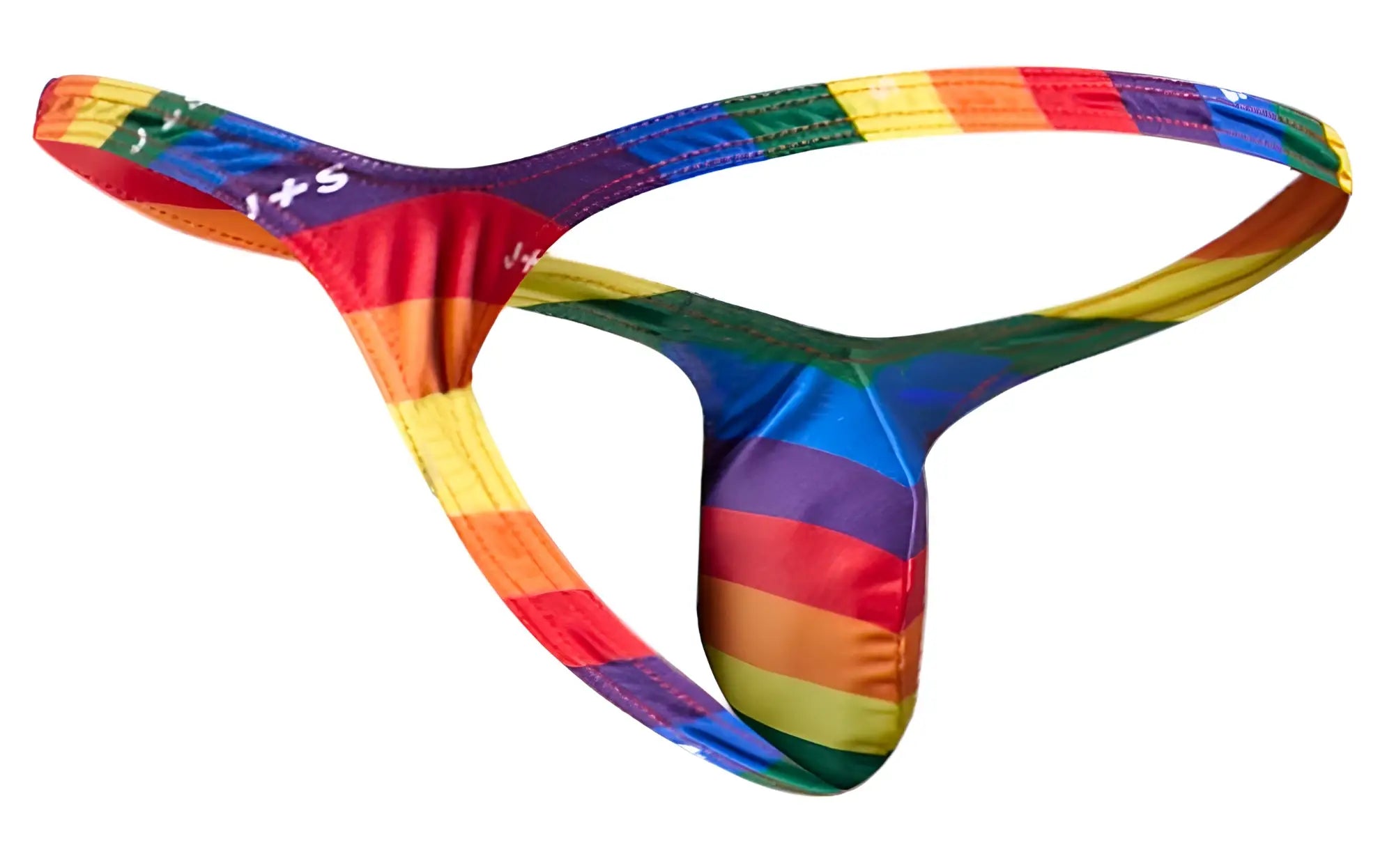 Rainbow-striped men’s thong with glossy stretchy fabric finish and js branding on waistband from justin+simon color pride flag collection