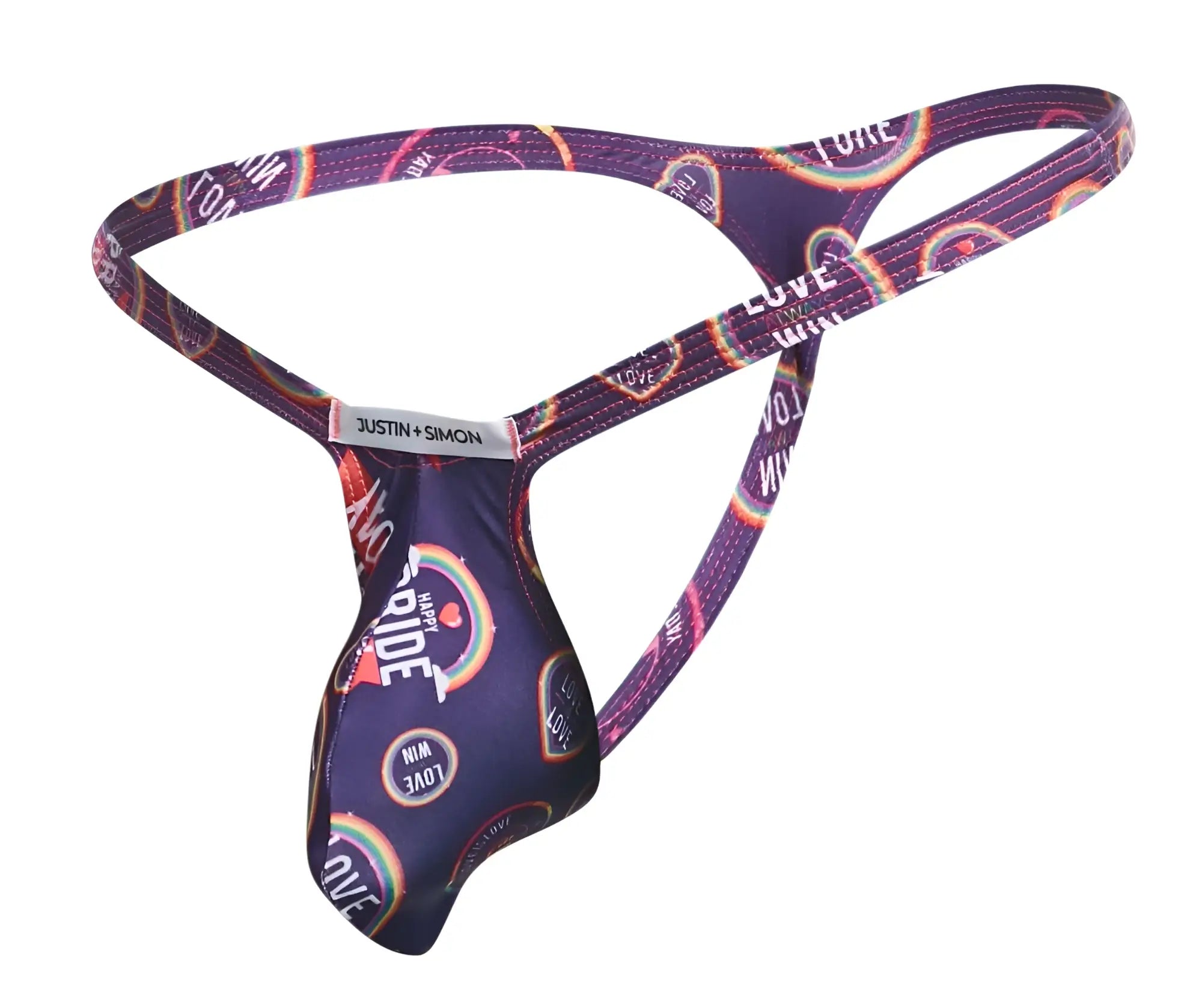 Purple and black patterned men’s thong with rainbow pride designs and justin + simon label in xsjbu02 bulge thongs collection