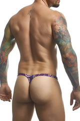 Purple JUSTIN SIMON XSJBU02 bulge thong with circular patterned design showcasing the front side of the product