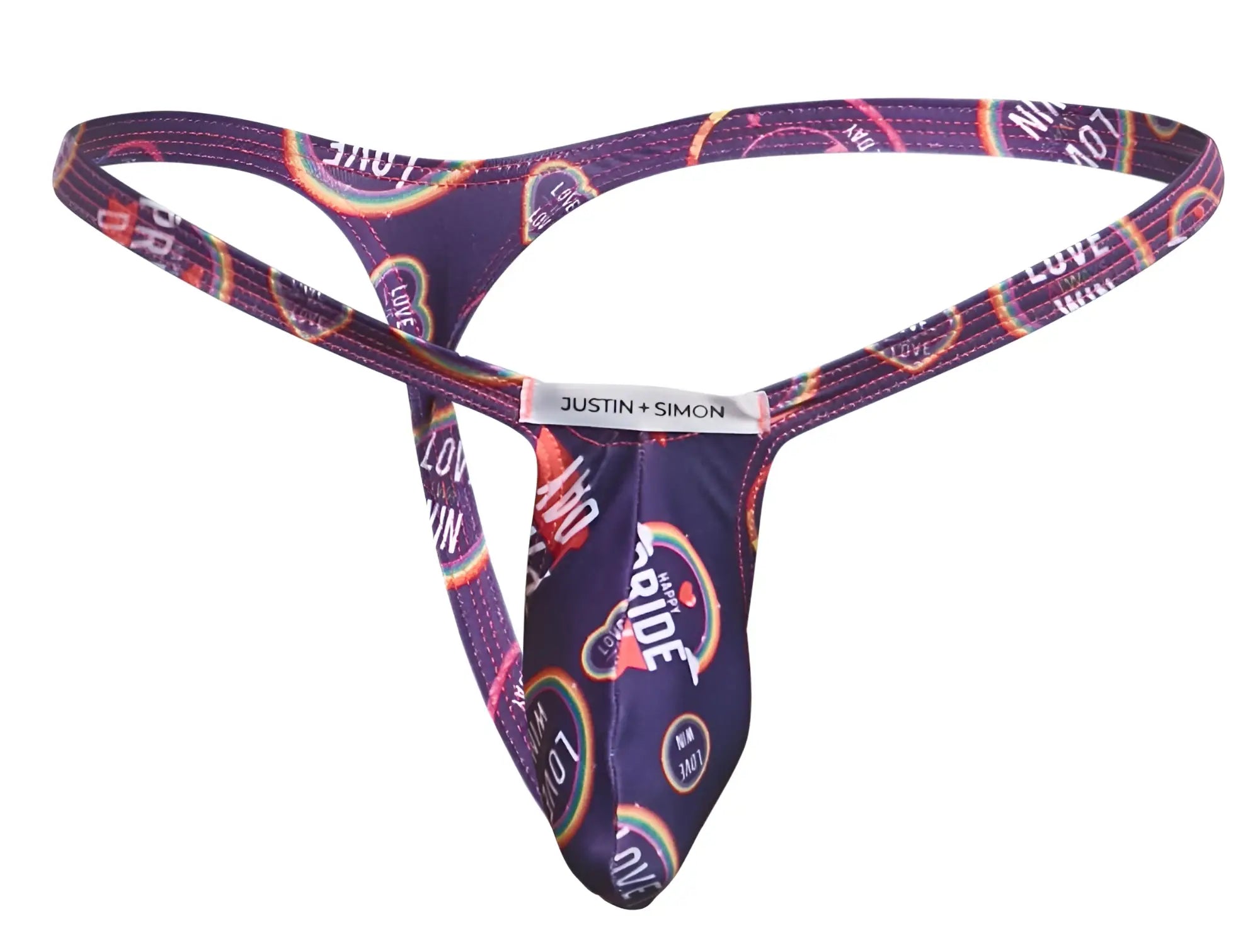 Purple thong with rainbow love pattern and white justin plus simon brand tag from bulge thongs color pride collection