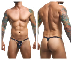Black thong with colorful floral pattern and small justin+simon brand logo on waistband for style and comfort