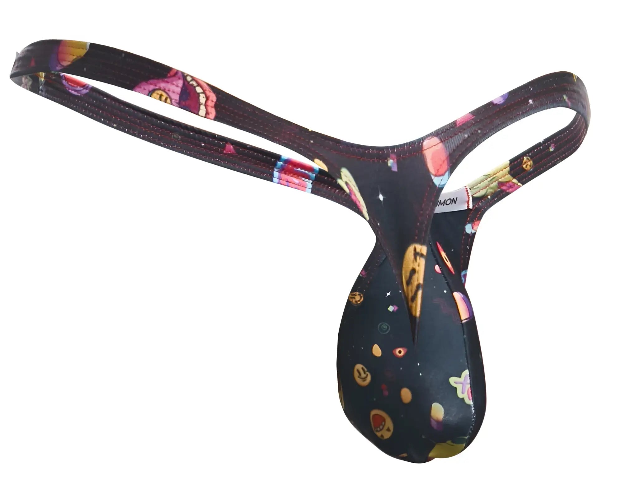 Black thong with cosmic colorful planets stars and cartoon faces on stretchy fabric from JUSTIN SIMON Psycodelic collection