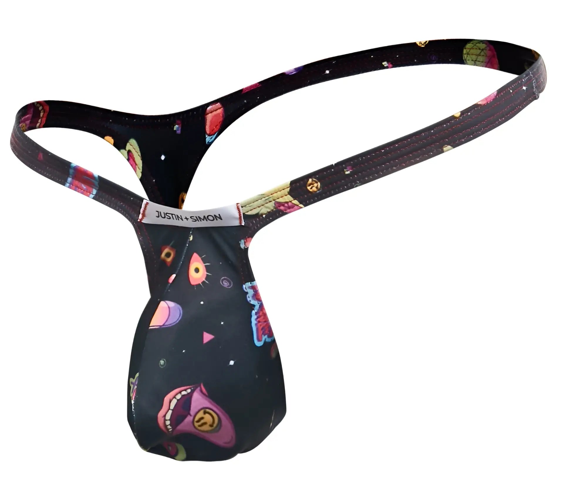 Black justin simon xsjbu02 bulge thong with vibrant cosmic design featuring colorful planets stars and cartoonish aliens