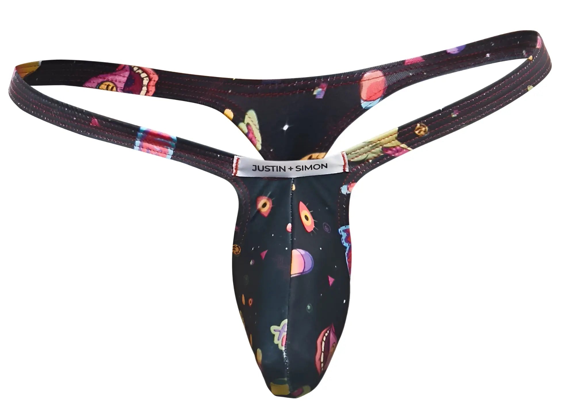 Justin plus simon men’s black thong with psychedelic space print featuring colorful planets rockets and stars