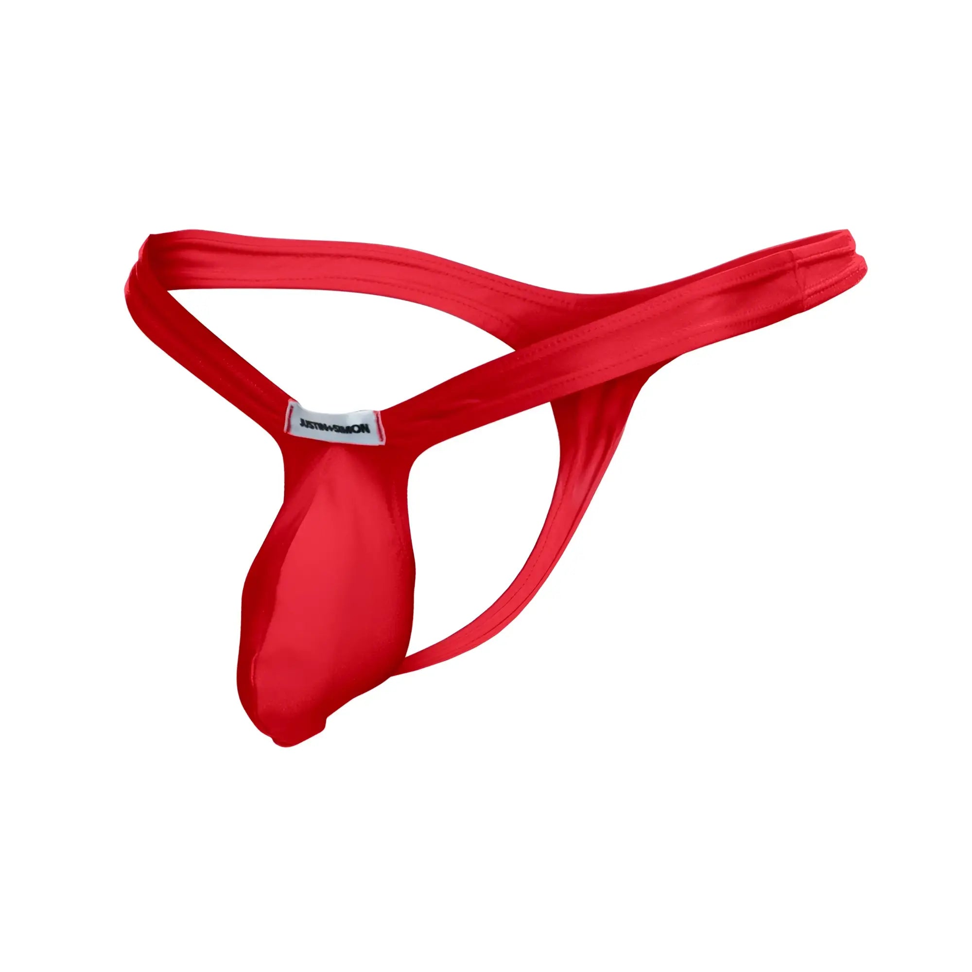 Vibrant red justin simon xsjbu02 bulge thong with smooth texture minimalist design and small brand tag at the back