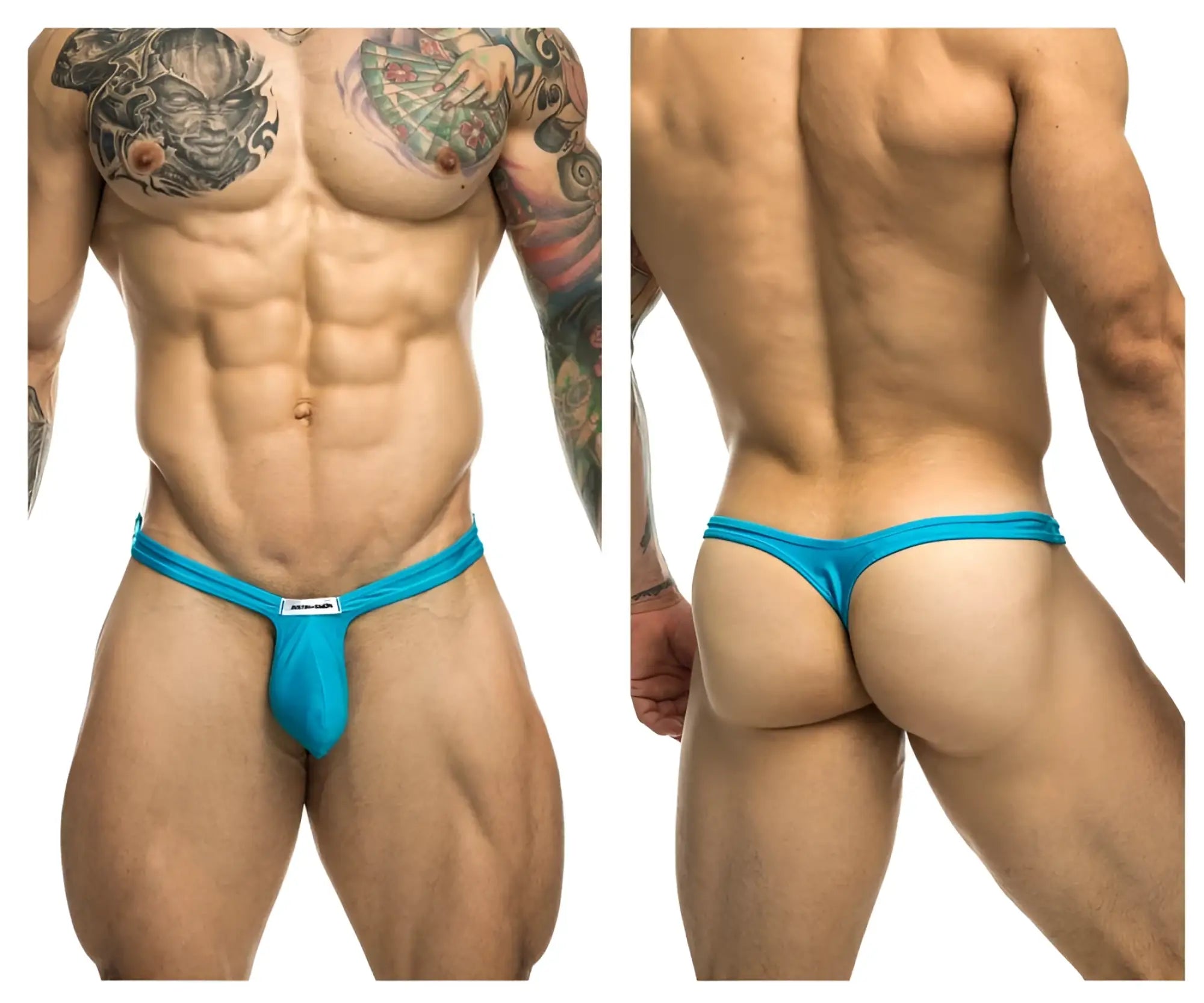 Justin+Simon xsjbu02 bulge thong in bright turquoise blue with a small white brand tag at the front