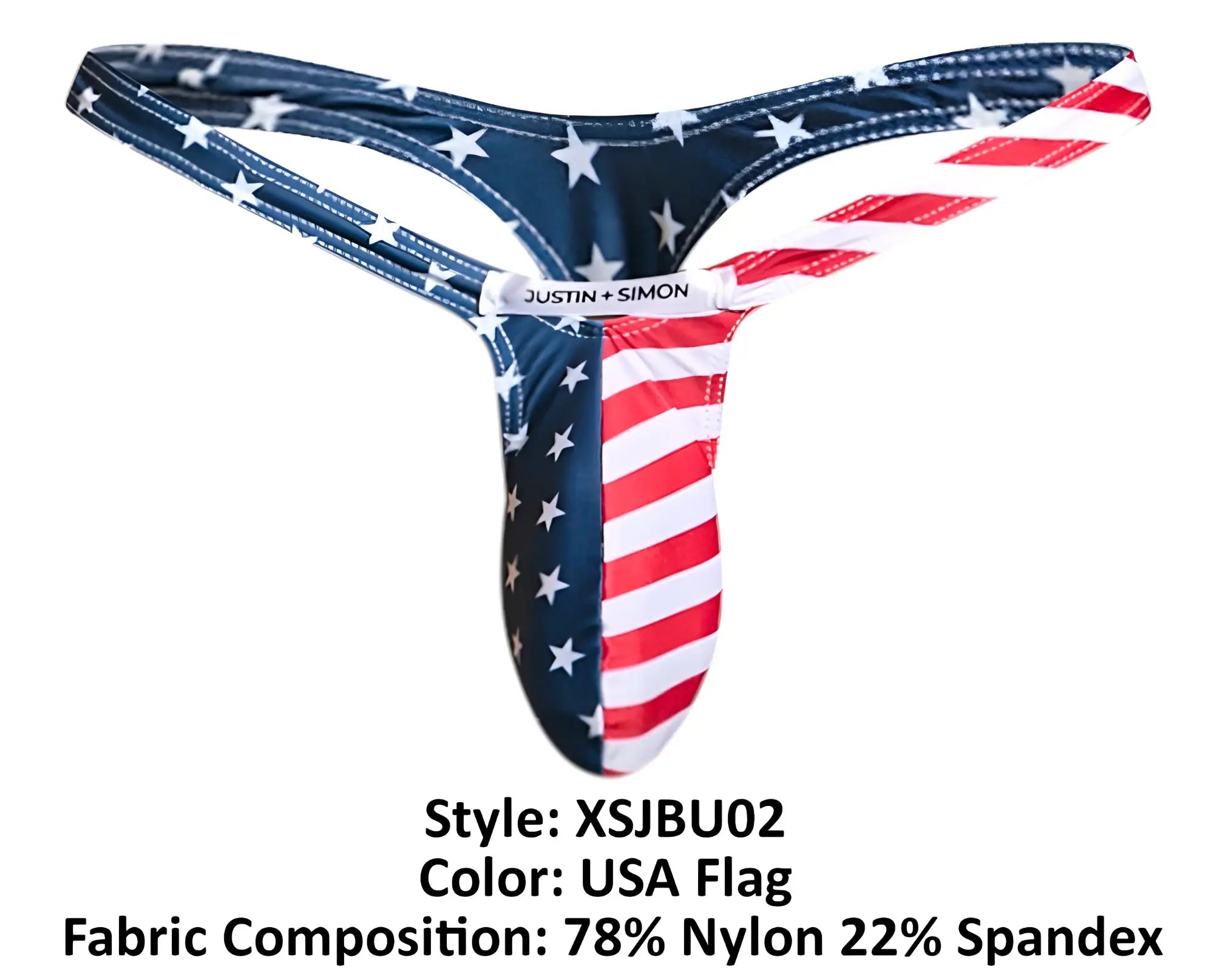 Justin simon usa flag bulge thong with navy blue star field and red white stripes made of nylon and spandex