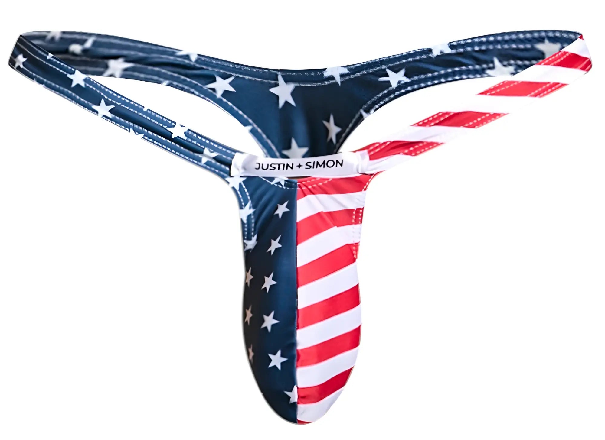 Justin plus simon American flag thong with red white and blue fabric design in use for bold patriotic style