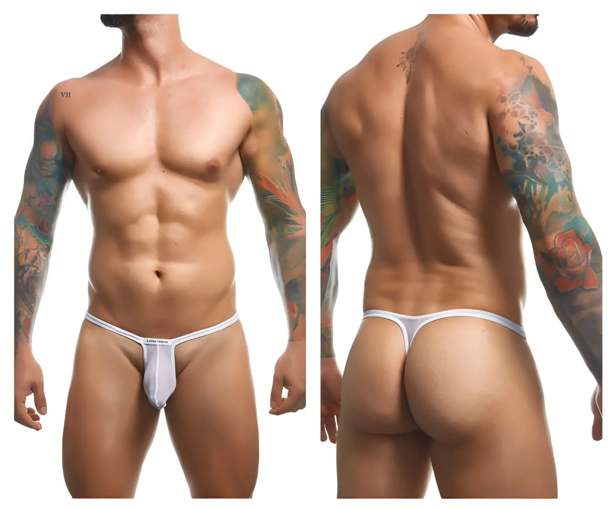 White athletic-cut mesh thong with thin waistband and black arrow brand name on front from justin simon xsjbu02 bulge thongs