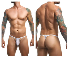 White athletic-cut mesh thong with thin waistband and black arrow brand name on front from justin simon xsjbu02 bulge thongs