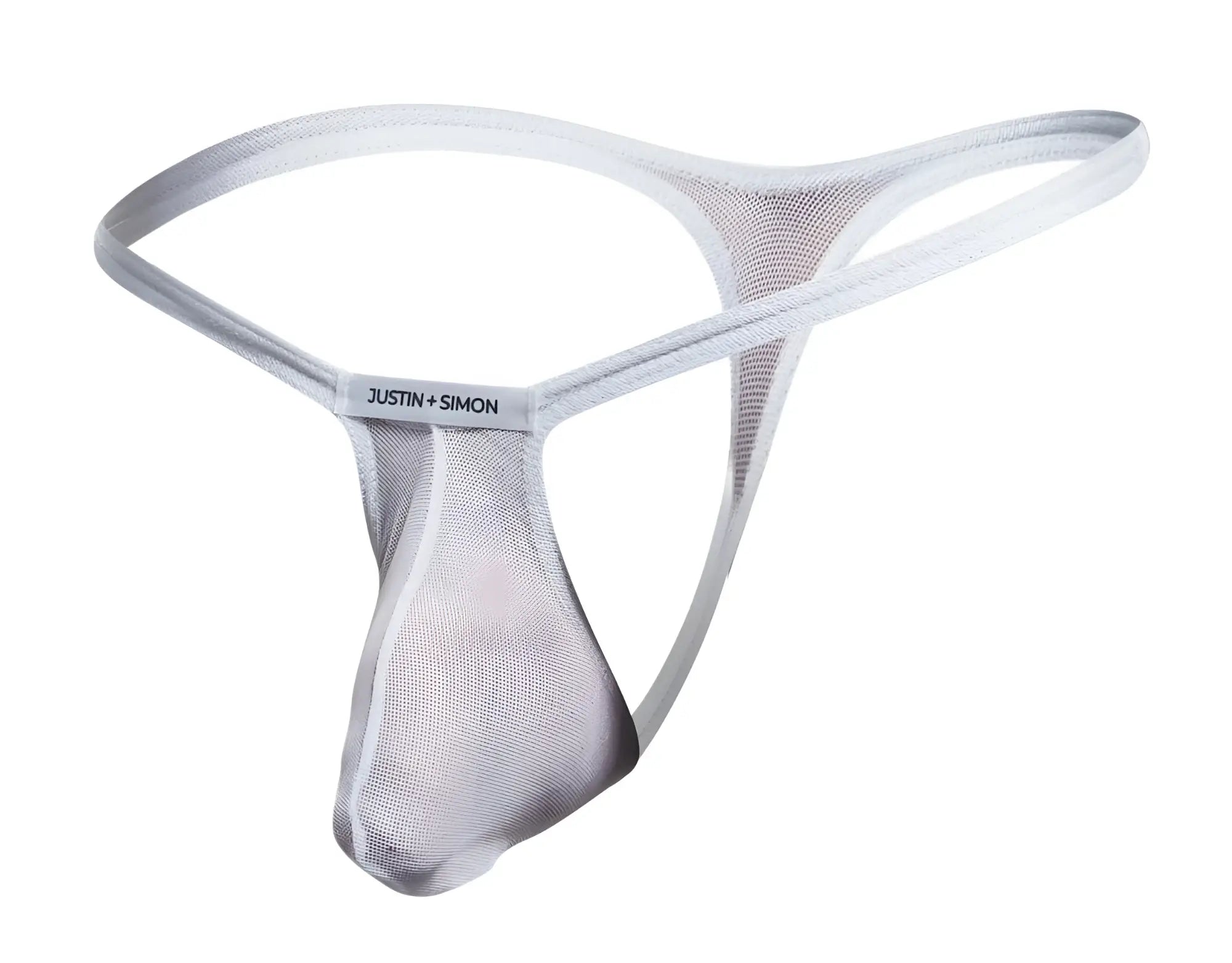 White mesh bulge thong by Justin Simon featuring breathable fabric and a sleek design for confident wear