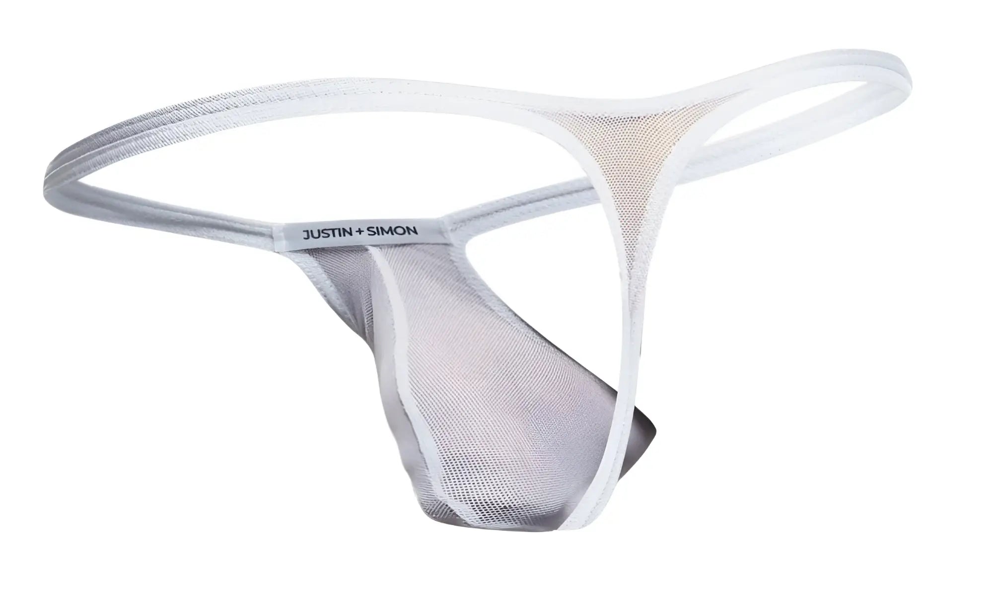 Justin+Simon xsjbu02 bulge thong in white mesh with sleek minimalist design and subtle silver trim front view