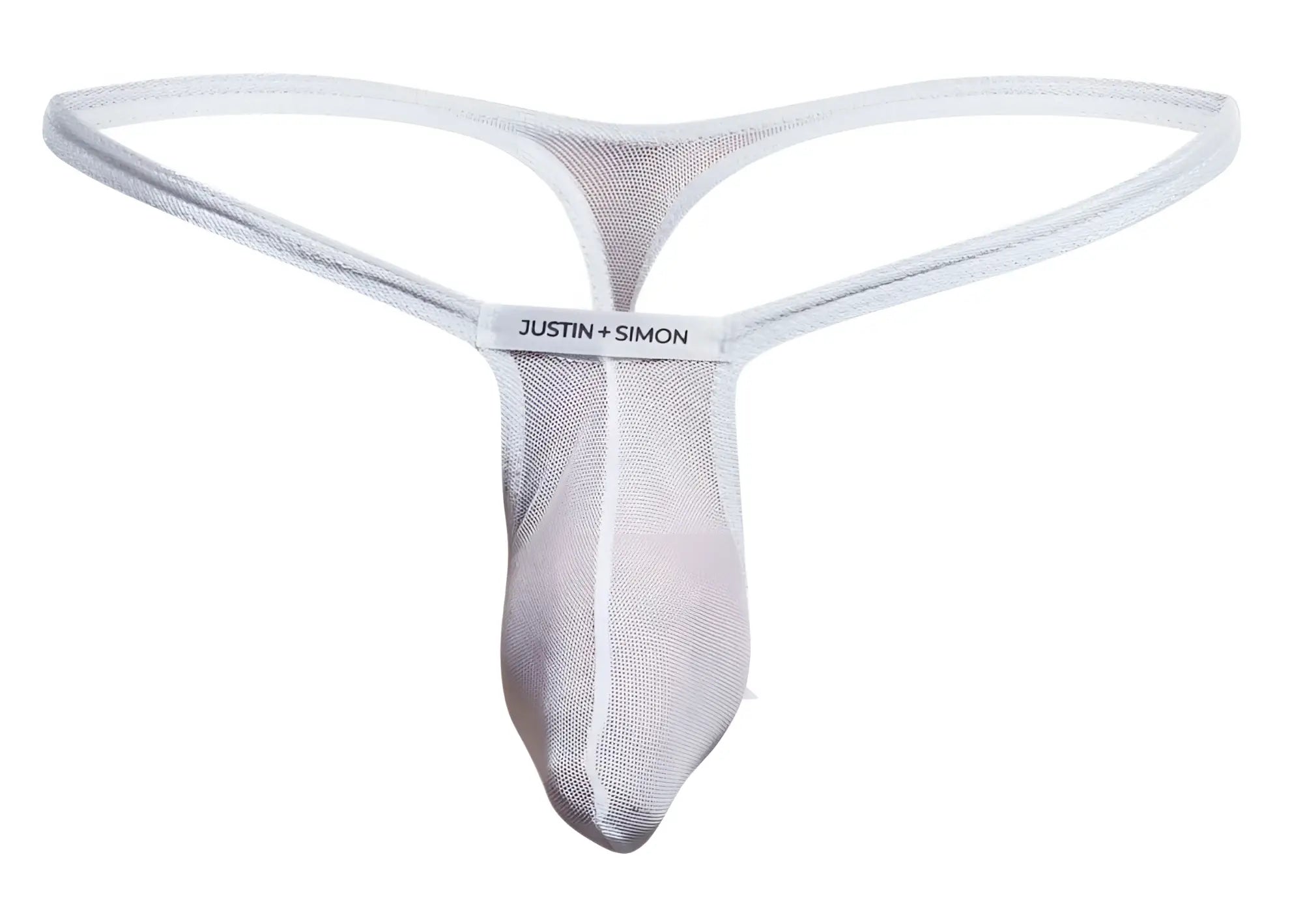 White mesh thong with subtle sheen and justin simon label on waistband from justin simon xsjbu02 bulge thongs