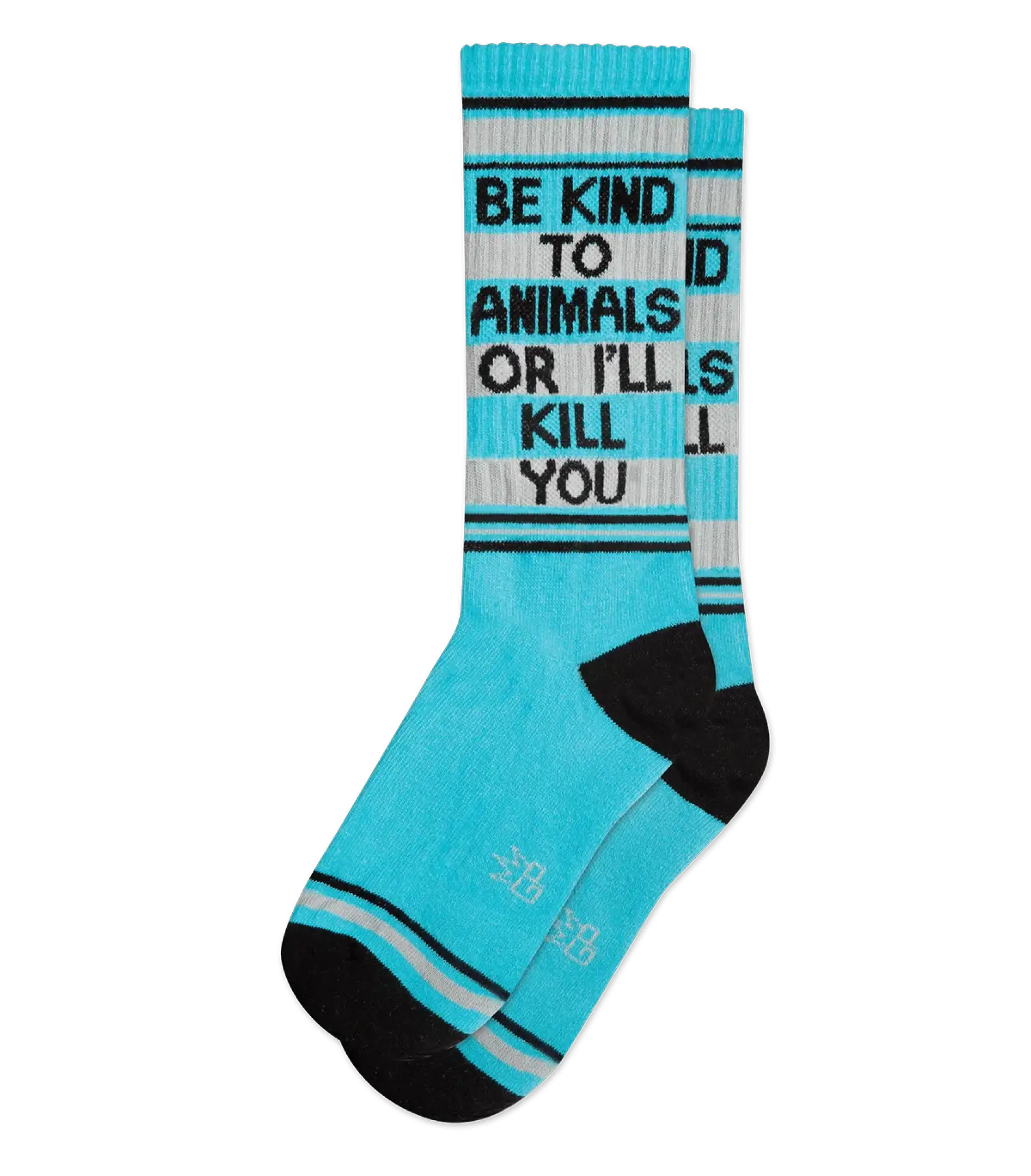Be kind to animals crew socks in turquoise and black stripes with bold be kind to animals or ill kill you message in black text