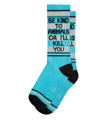 Be kind to animals crew socks in turquoise and black stripes with bold be kind to animals or ill kill you message in black text