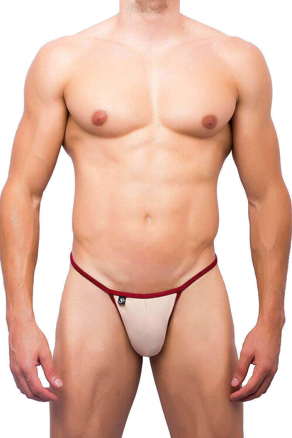Beige and red joe snyder kini thong with a small black logo on the front crafted for style and comfort