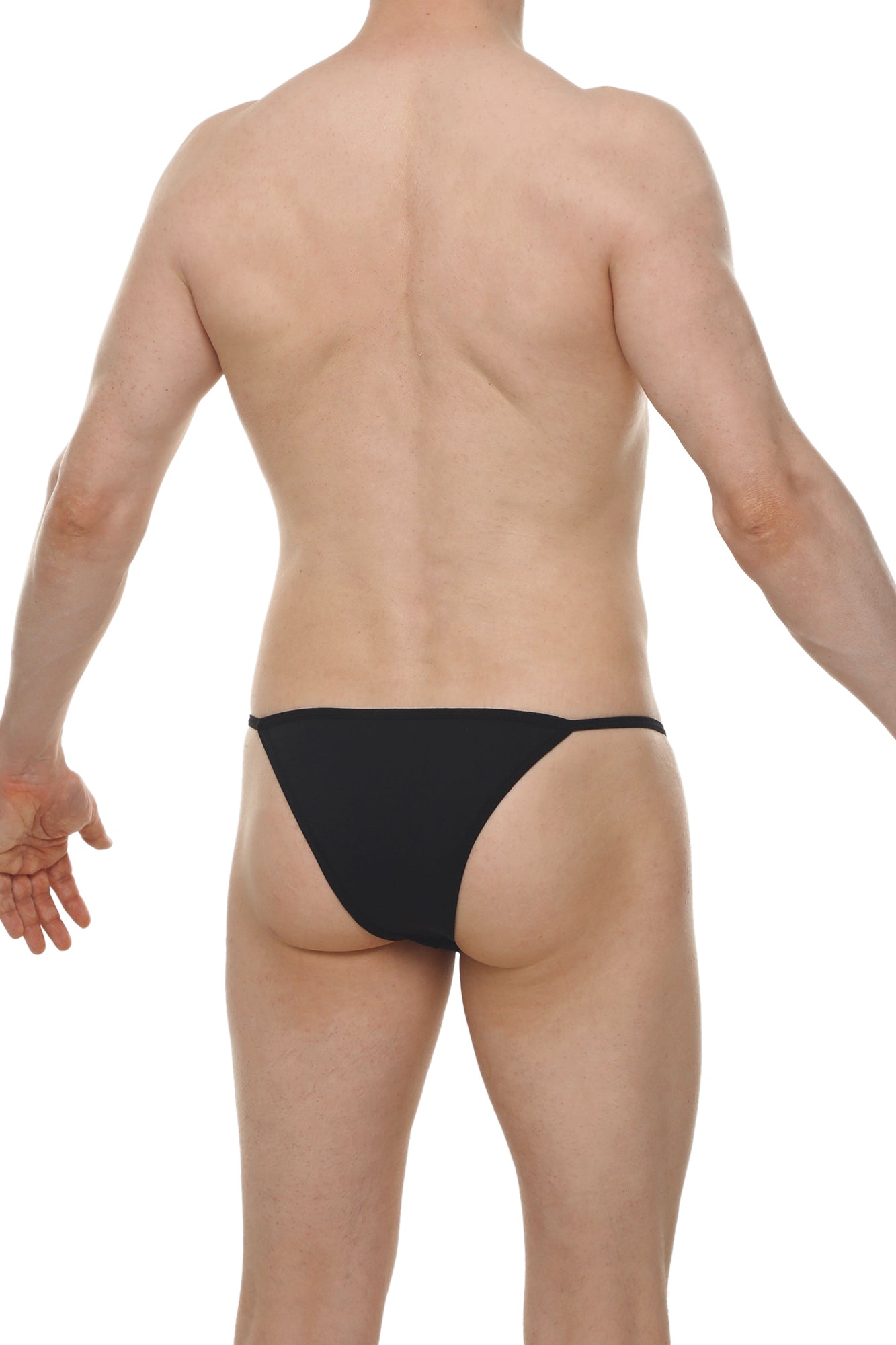 Black thong Kini Skine black made of smooth stretchy fabric with minimalist design shown from the back side