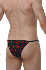 Black thong with red graphic design featuring various symbols and objects from petitq kini boudoir collection