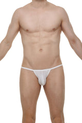 White mesh thong with thin waistband and subtle front branding from Kini Skine white collection
