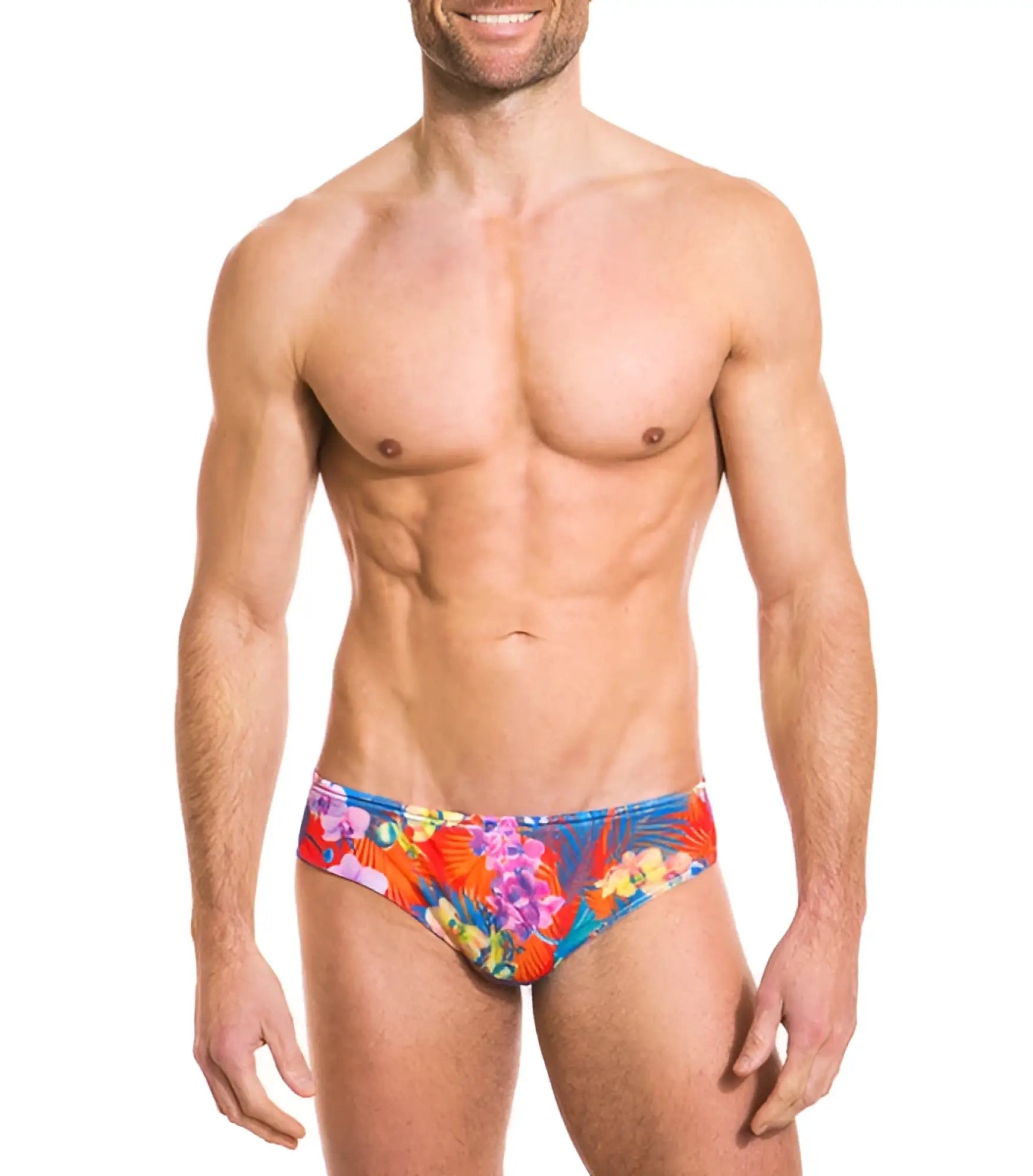 Kiniki continental tan through deep waist bikini swimwear in size s with vibrant tropical red blue and purple floral print