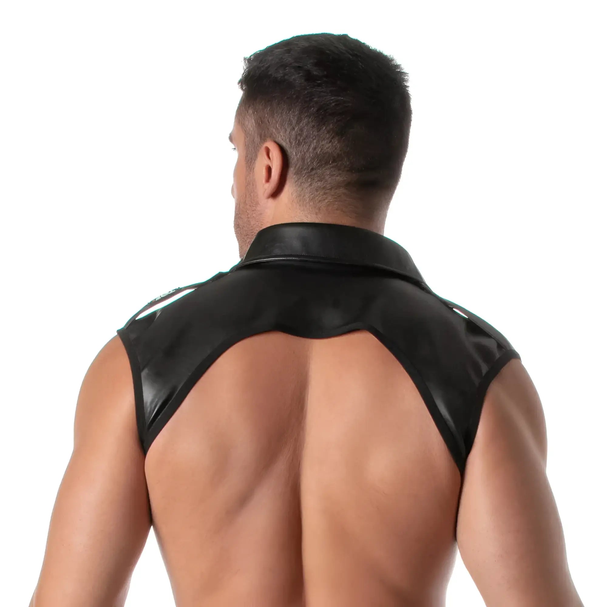 Black faux leather sleeveless vest with kinky collar and cutout back design shown from the back side