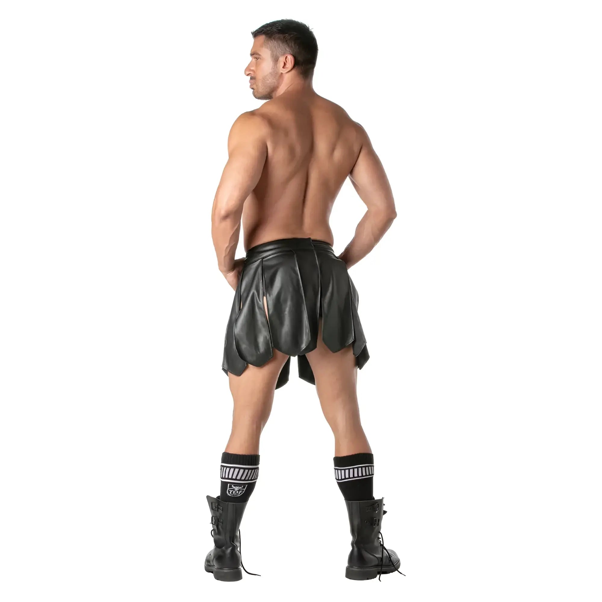 Black leather kinky gladiator skirt with flared pleated design and side slits for edgy fashion looks