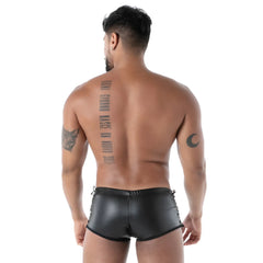 Black faux leather kinky laced trunk briefs with side ties and a sleek form-fitting design