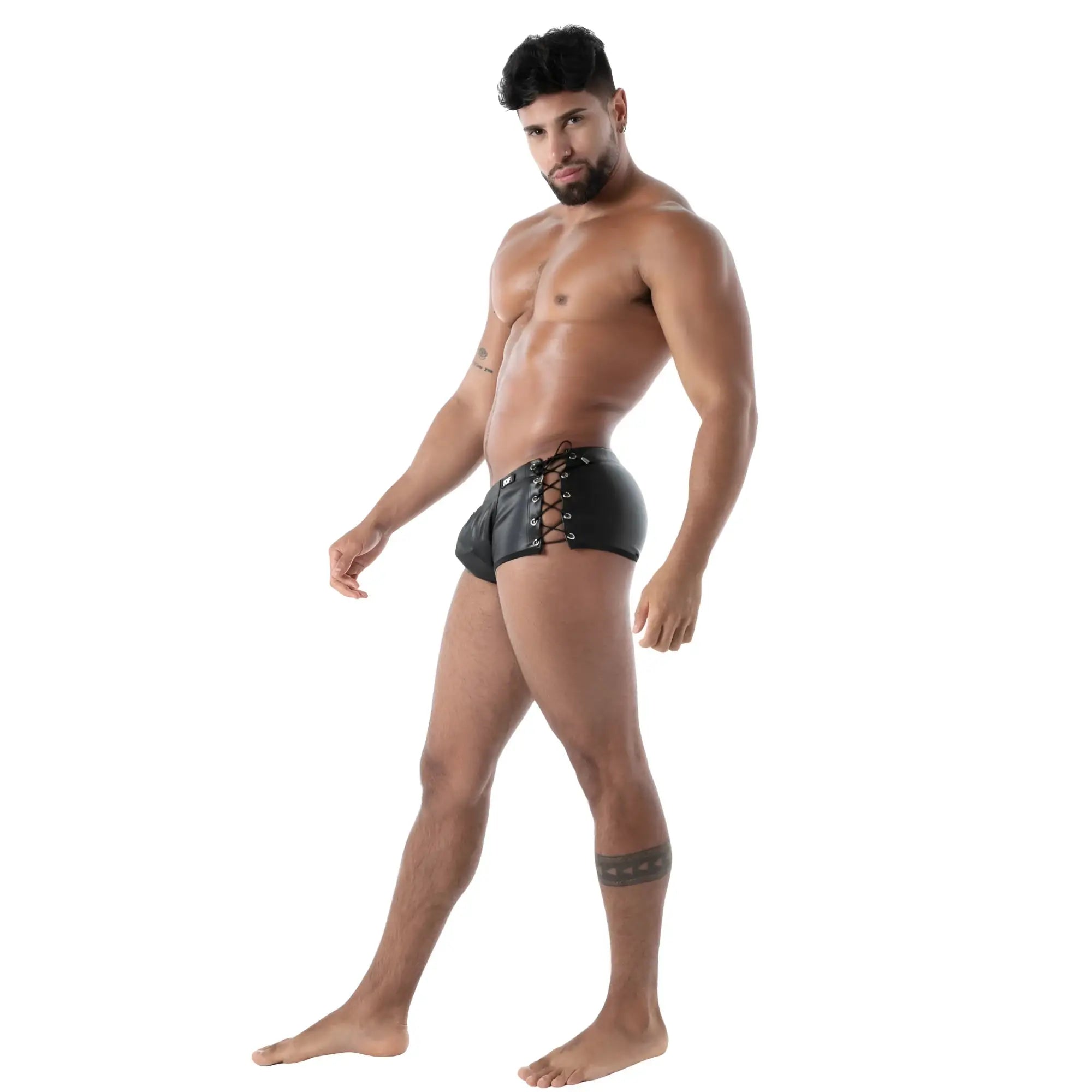 Black leather briefs with lace-up front detail designed for edgy style in kinky laced trunk collection