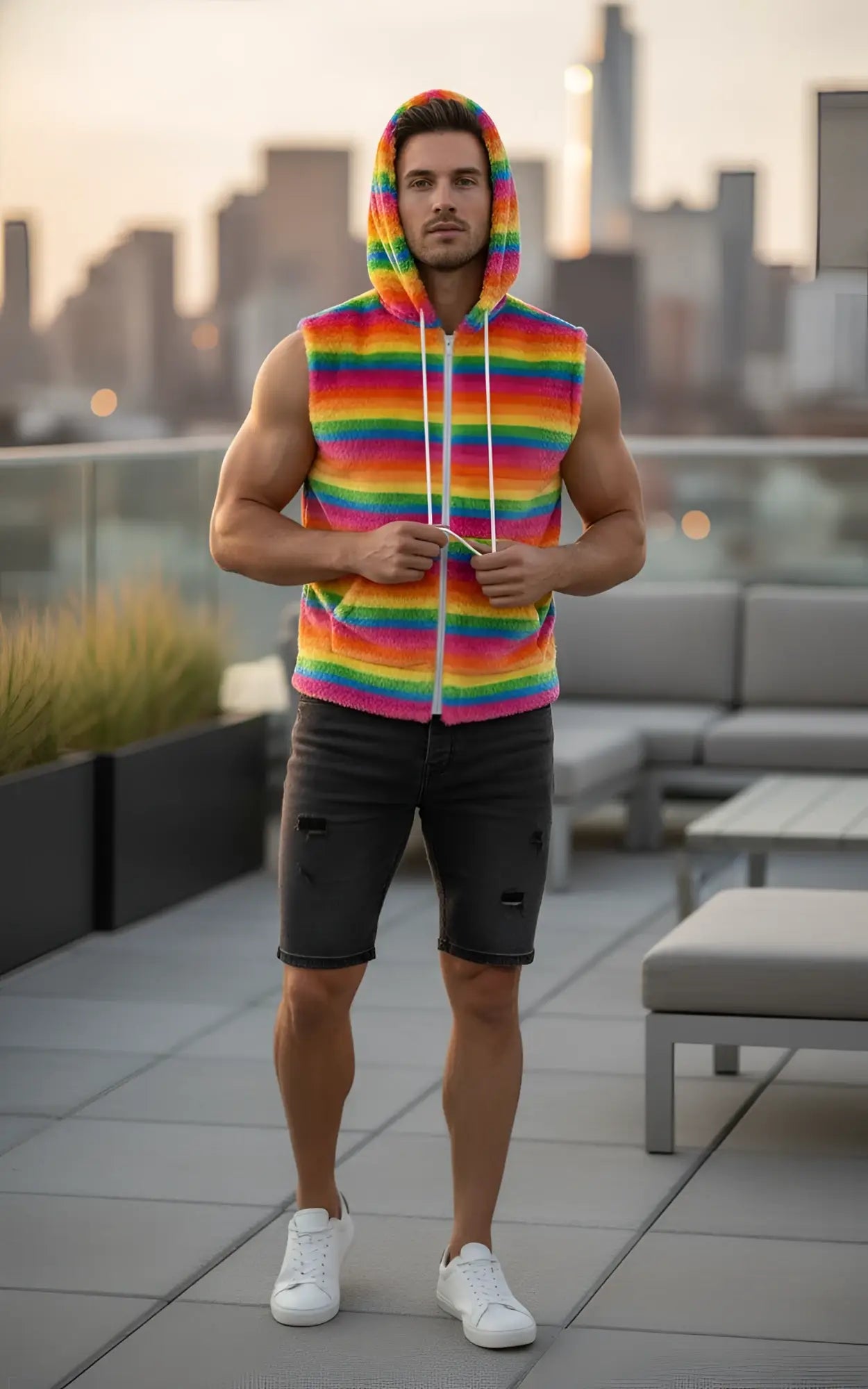 Rainbow stripe faux fur hoodie fuzzy vest with hood zipper and drawstrings in vibrant rainbow colors