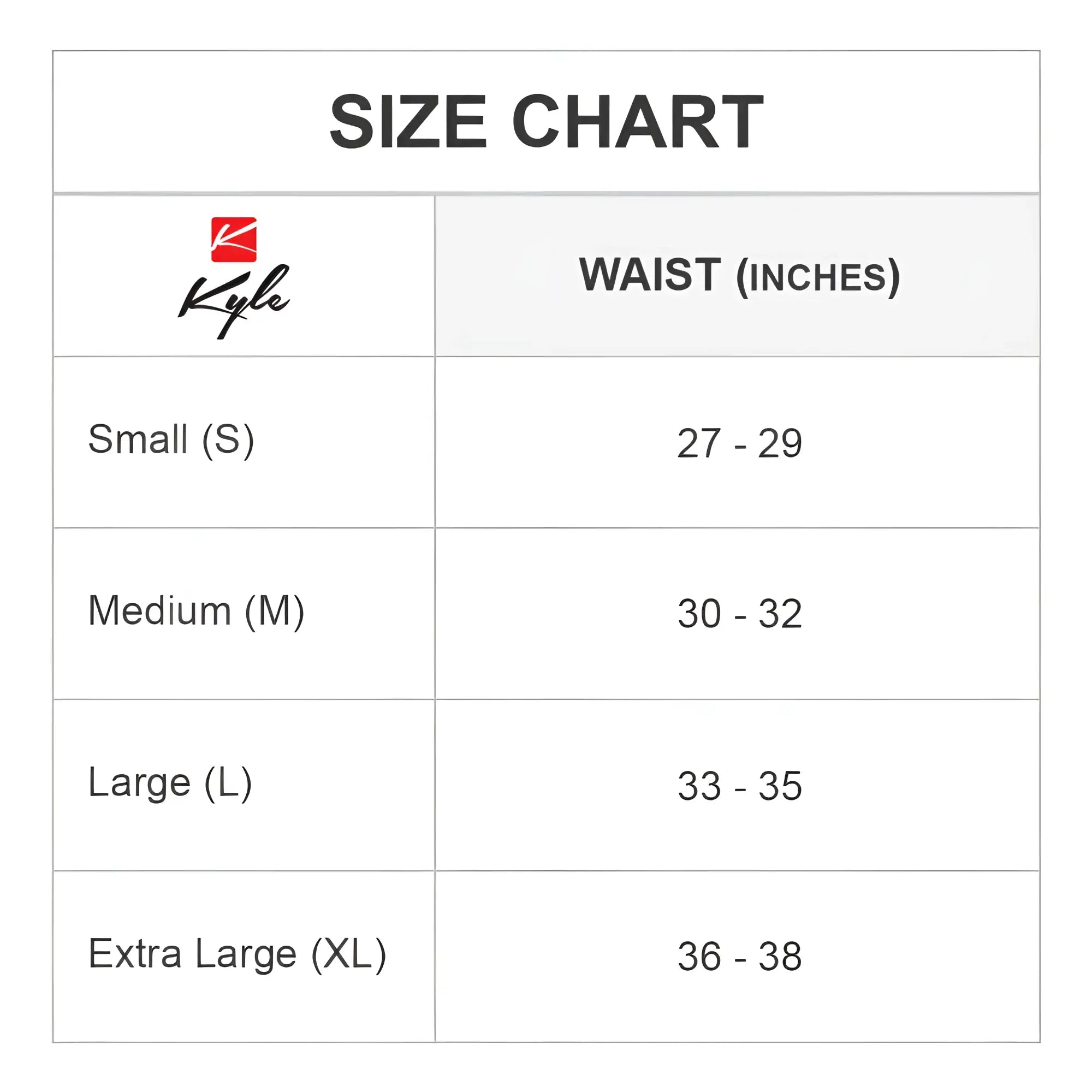 Kyle klu002 accessory waist size chart showing measurements for accurate fitting and selection