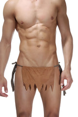 Brown fabric loincloth underwear with frayed edges and black ties lablinque caveman tie side camel size l back view