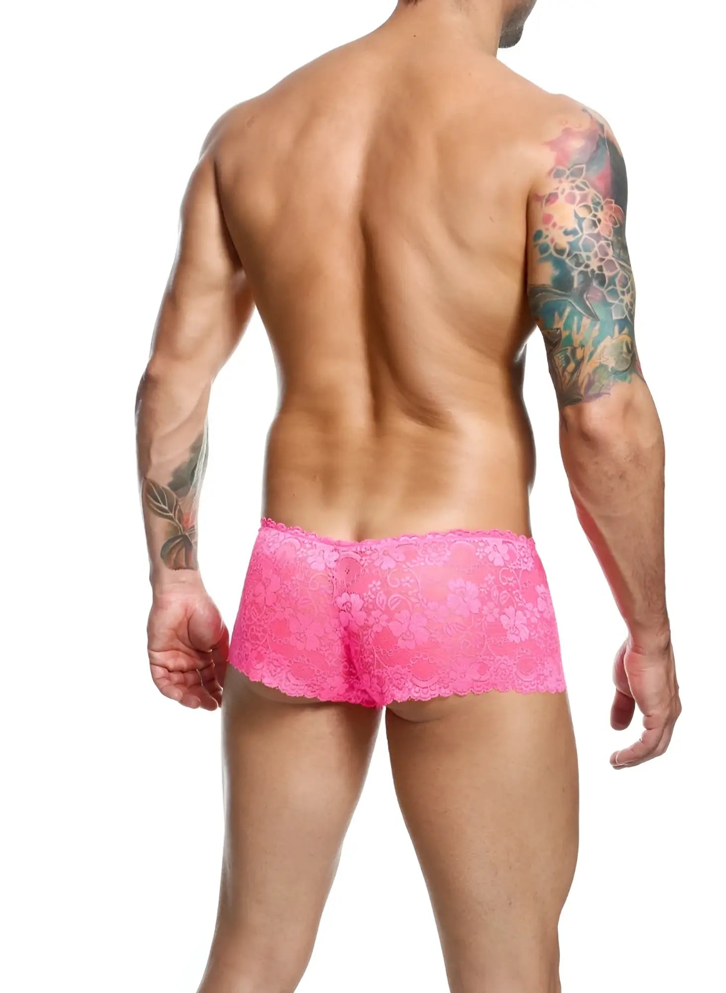 Bright pink lace boxer short with floral pattern featuring delicate lace fabric and comfortable fit