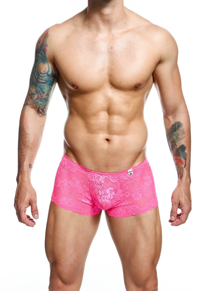 Bright pink lace boxer short with delicate floral pattern and scalloped hem in final sale collection