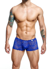 Vibrant blue lace boxer briefs featuring intricate floral patterns and scalloped edges in final sale collection
