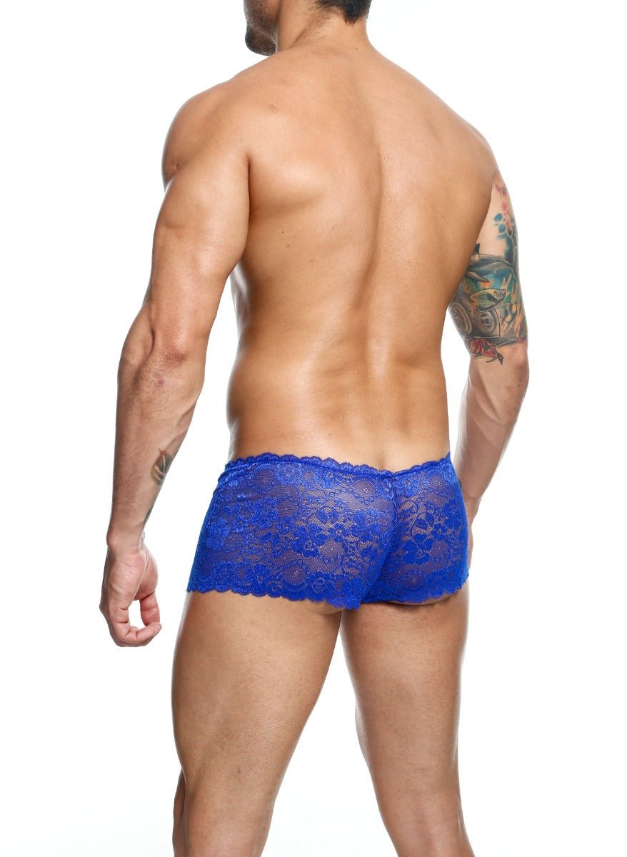 Vibrant blue lace boxer short with scalloped hemline final sale lace briefs in delicate floral material