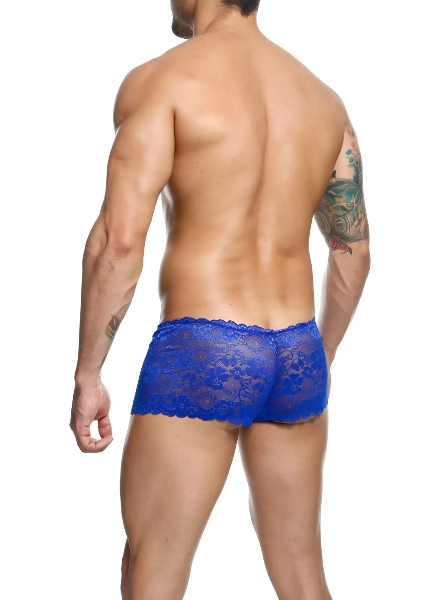 Vibrant blue lace boxer short briefs with scalloped hemline made from delicate lace fabric