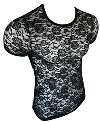 Black floral lace tee with short sleeves and rounded neckline perfect for elegant casual wear
