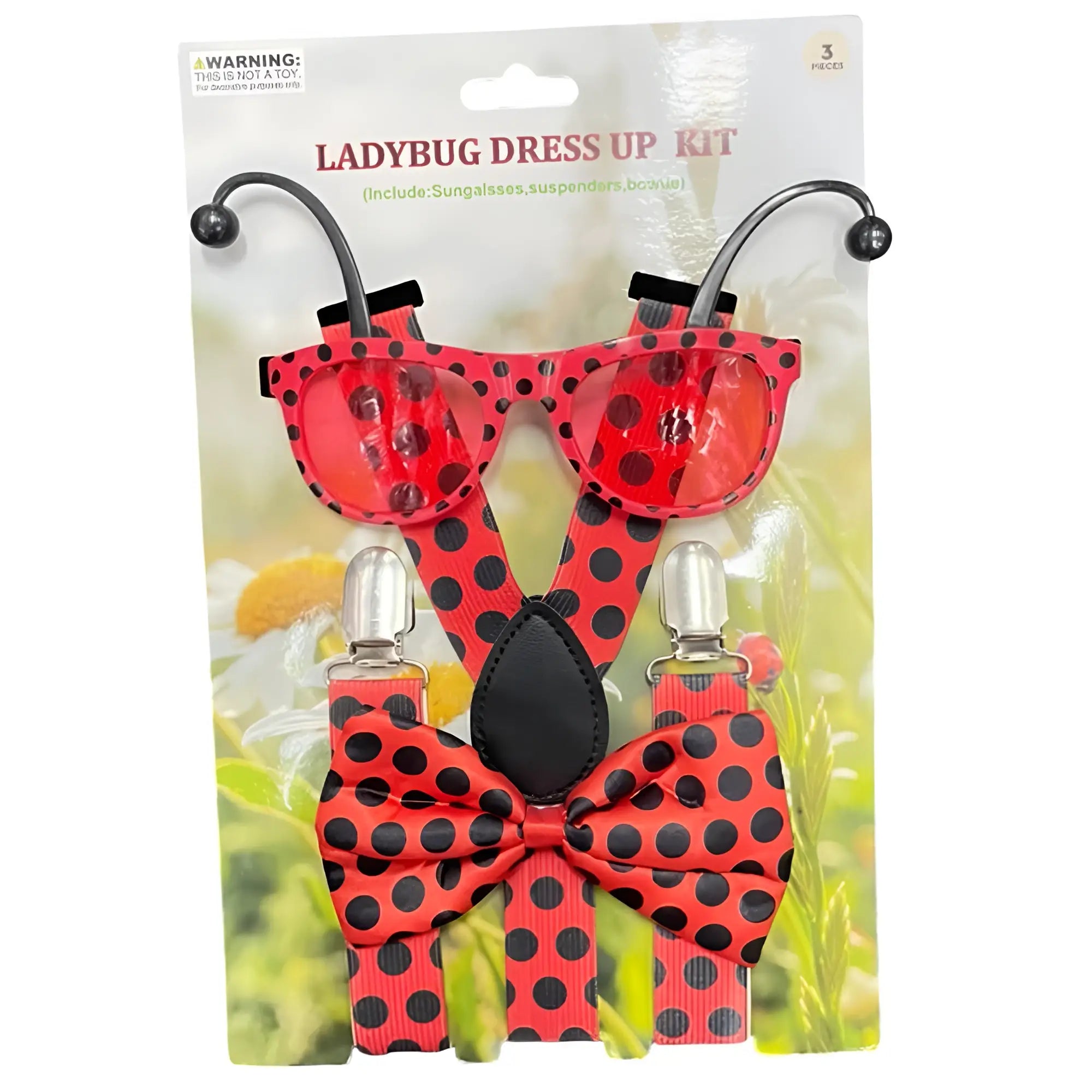 Ladybug dress-up kit with red and black polka-dotted fabric including sunglasses suspenders and a bow tie