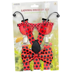 Ladybug dress-up kit with red and black polka-dotted fabric including sunglasses suspenders and a bow tie