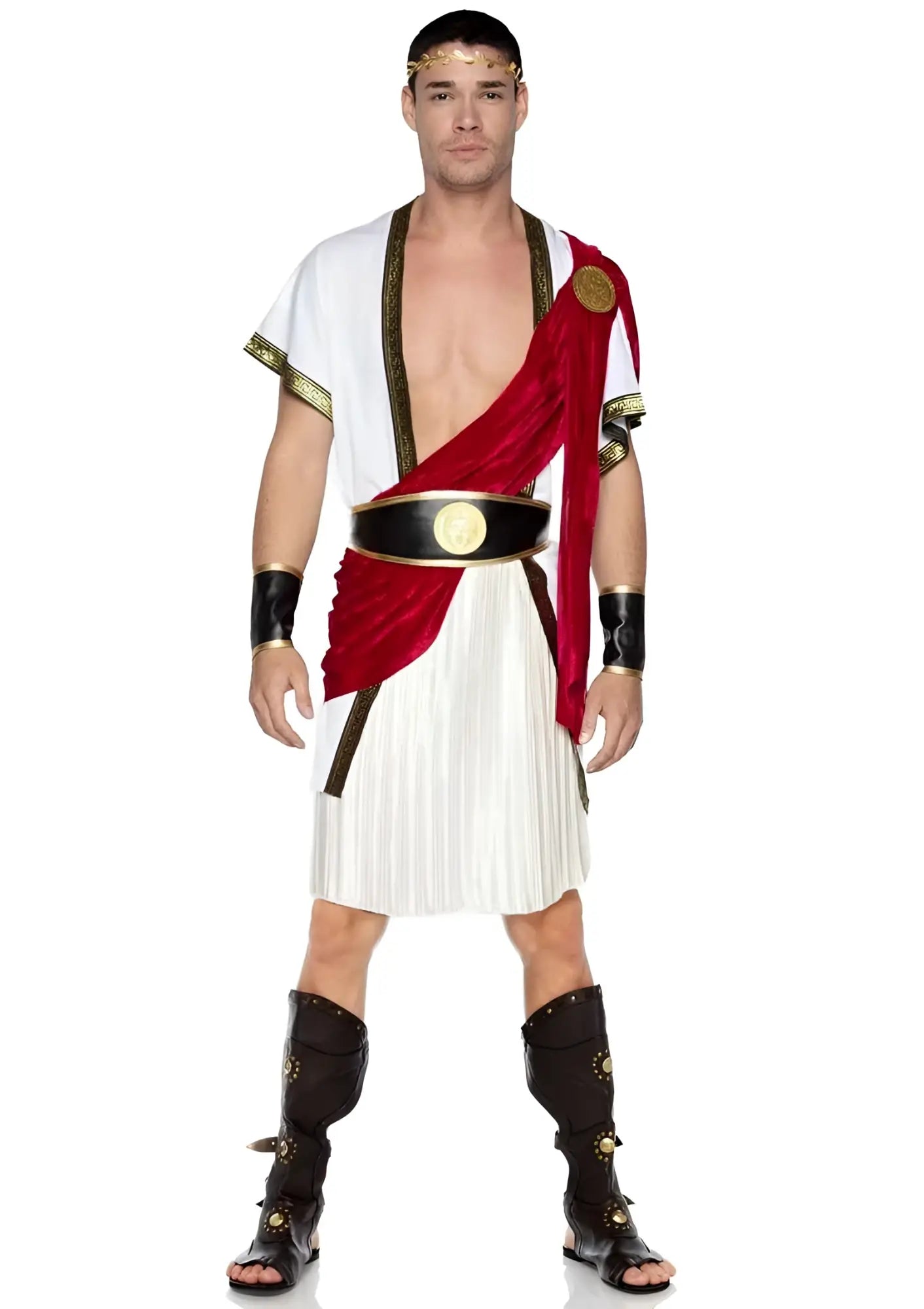 Leg avenue roman emperor caesar costume xl white pleated tunic with gold trim red velvet sash and black sandals
