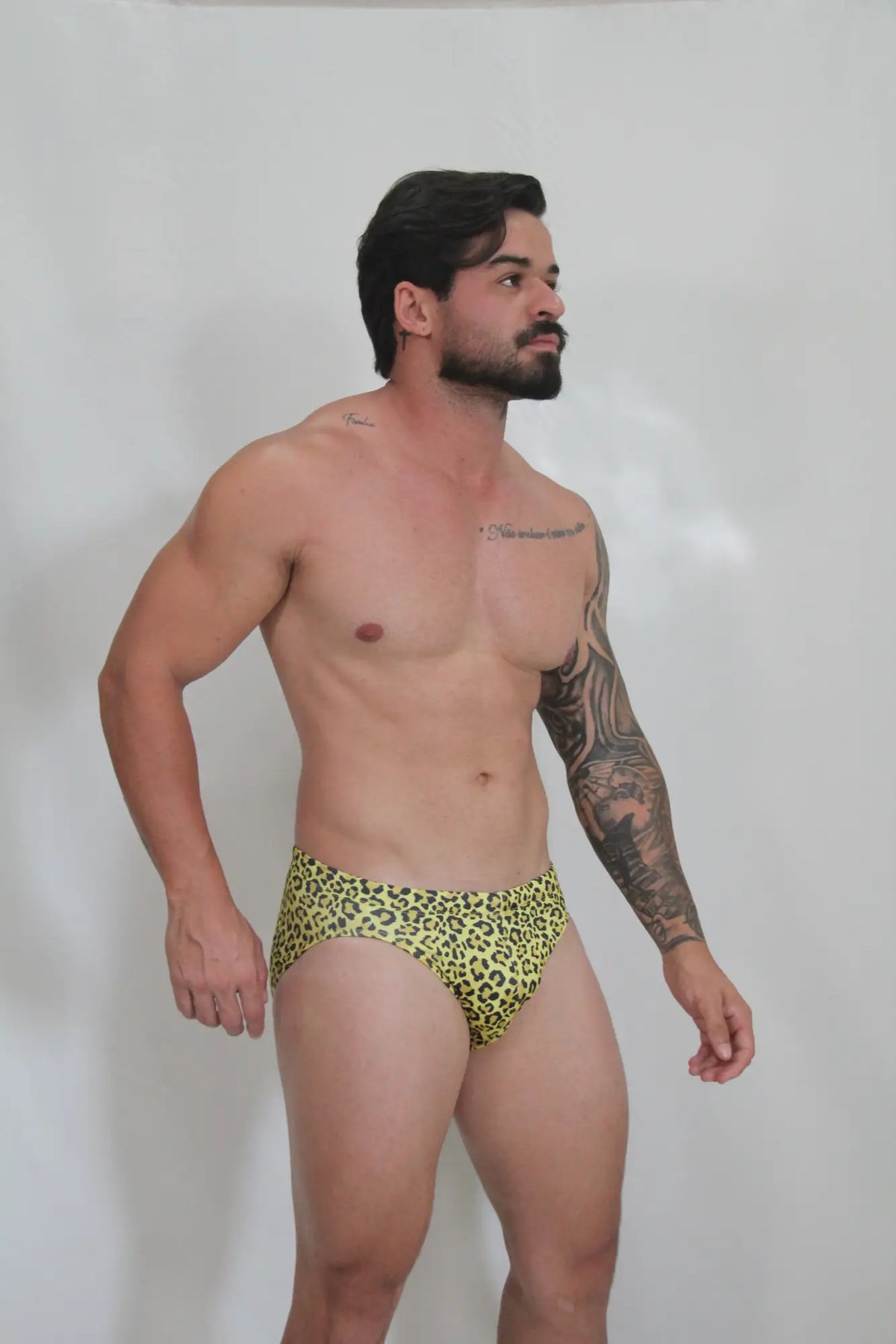 Bright yellow leopard-print swim brief made from quick-dry fabric perfect for beach and pool use