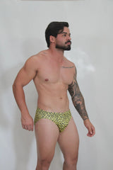 Bright yellow leopard-print swim brief made from quick-dry fabric perfect for beach and pool use