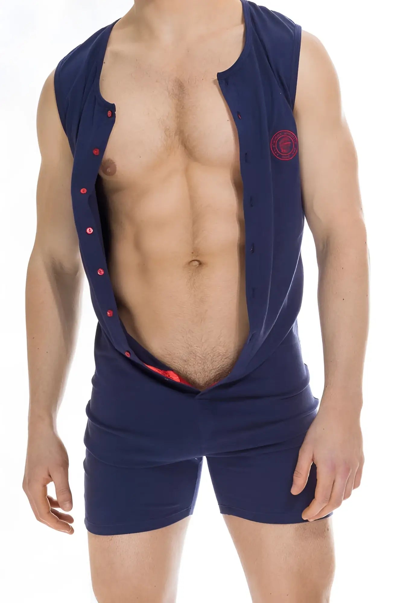 Navy blue sleeveless button-up bodysuit with red buttons and circular logo on chest lhomme invisible hypnos xl