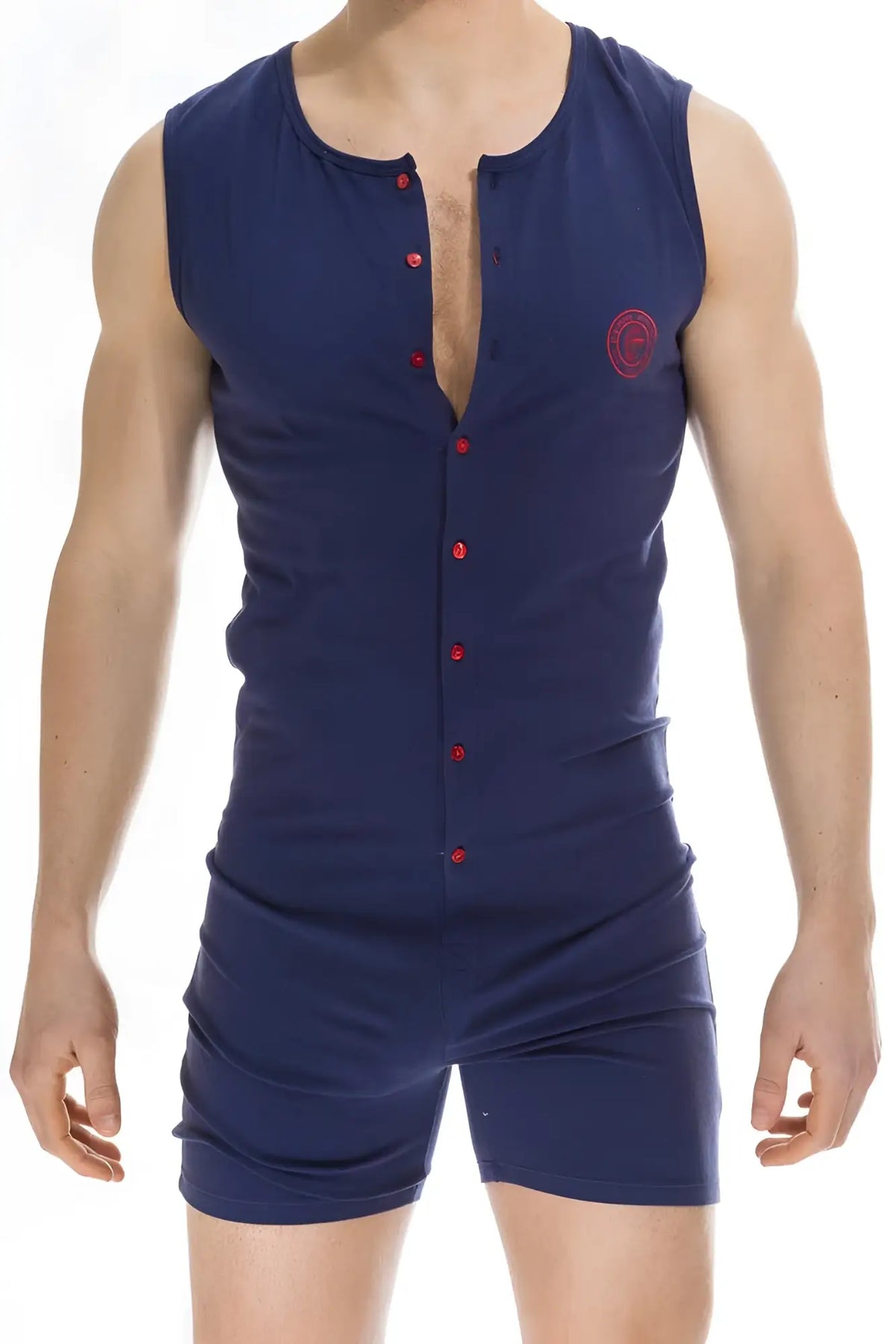 Navy blue sleeveless henley romper with red buttons and embroidered logo lhomme invisible hypnos onesie xl