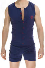 Navy blue sleeveless henley romper with red buttons and embroidered logo lhomme invisible hypnos onesie xl
