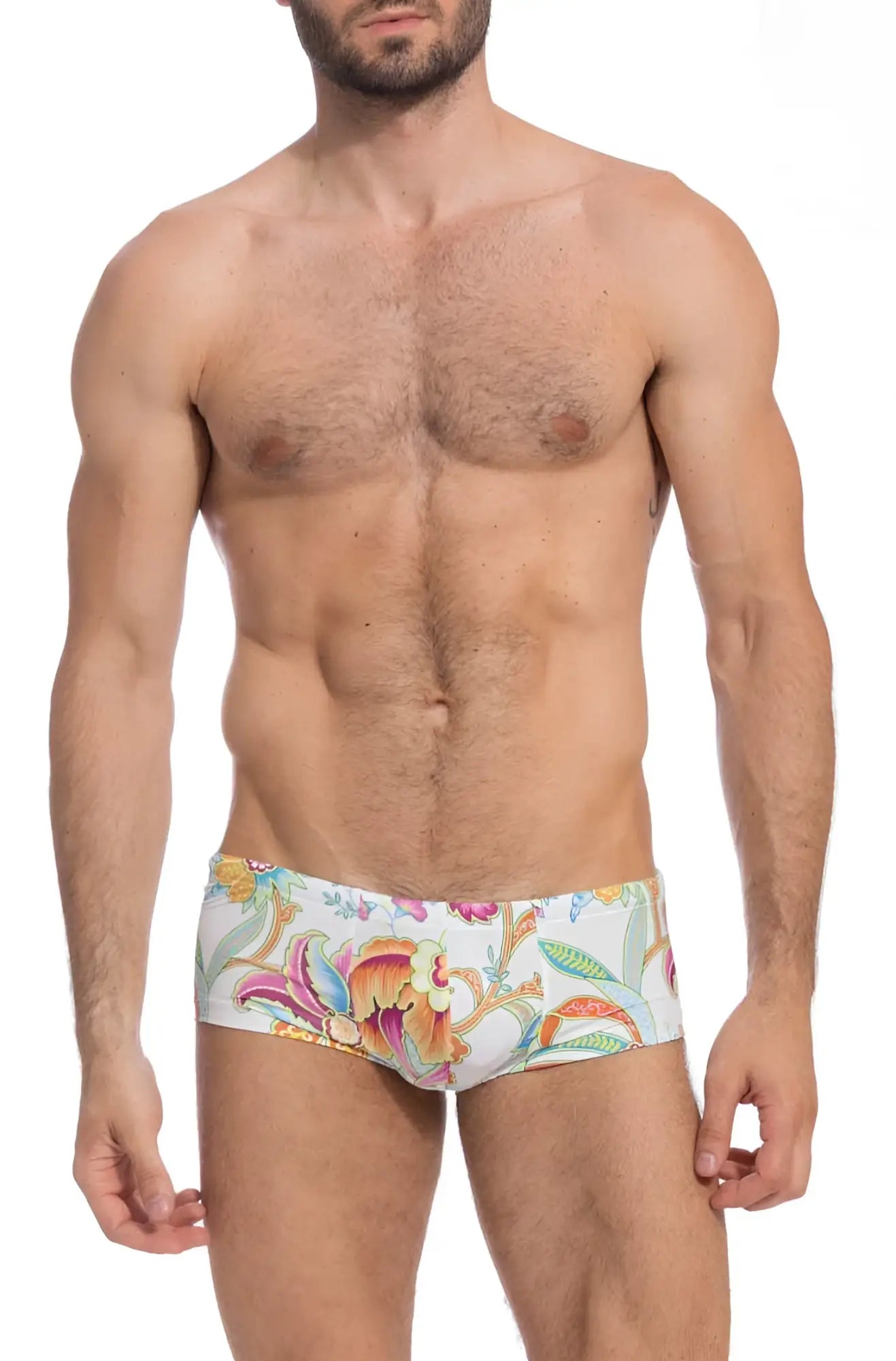 White l’homme invisible pattaya hipster swim trunks with vibrant pink orange green yellow floral pattern size l